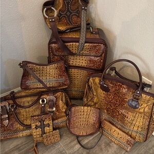 Raviani Brown and Tan Embossed Leather Travel Bag Set